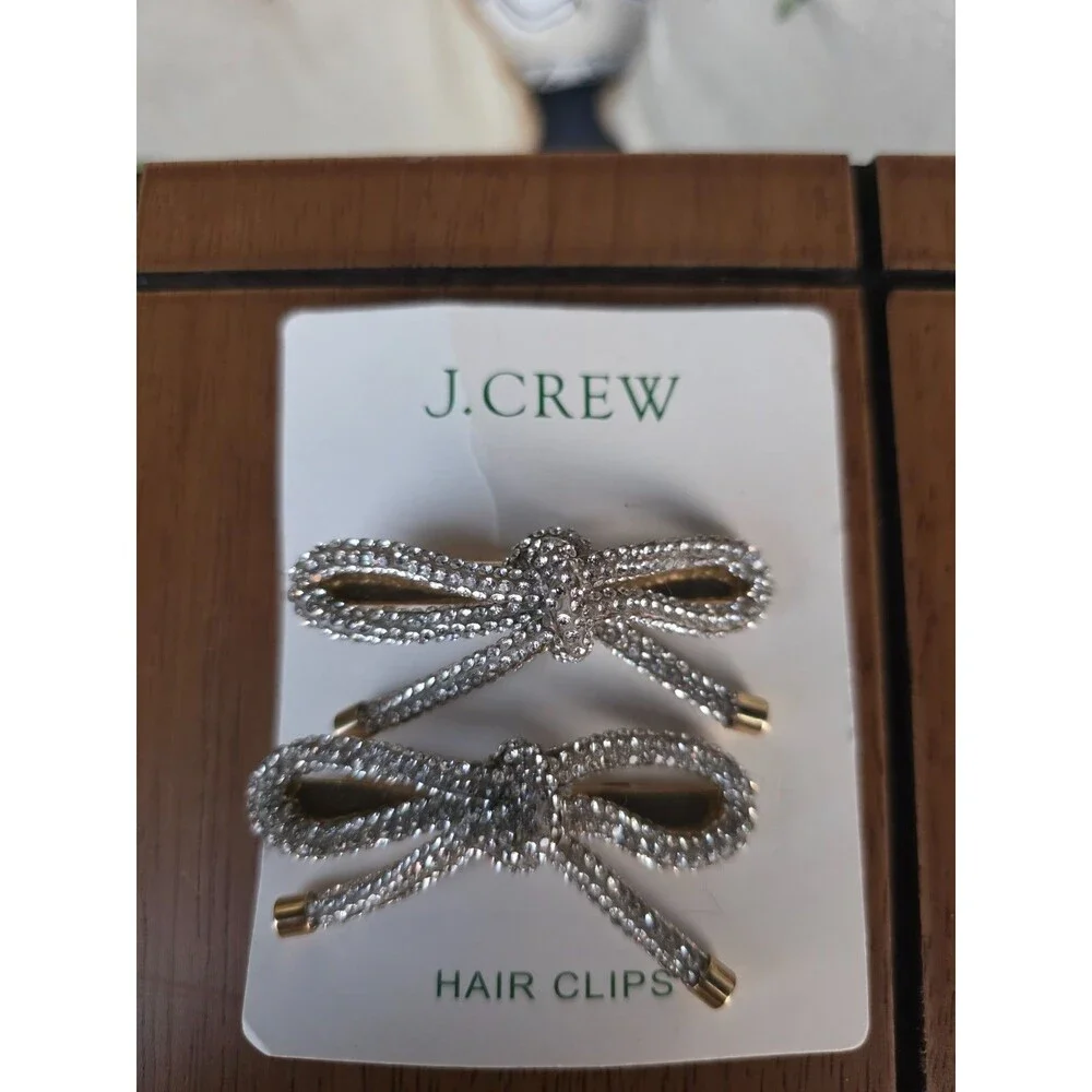 JCrew Pave Bow Hair Clips Set of 2 Crystal Gold Tone New on Card NOS